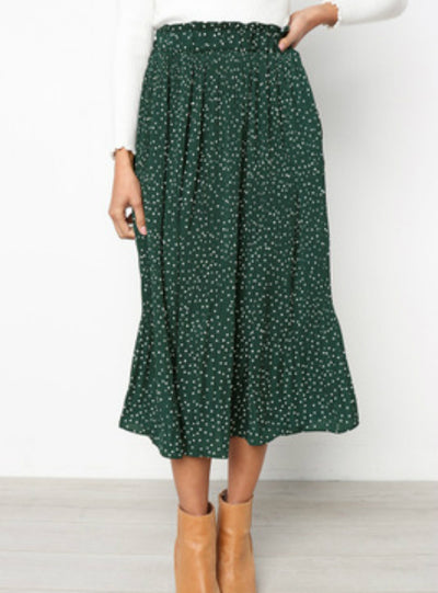 White Dots Floral Print Pleated Midi Skirt