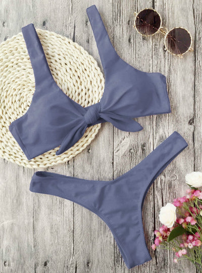 Women Knotted Padded Thong Bikini Mid Waisted 
