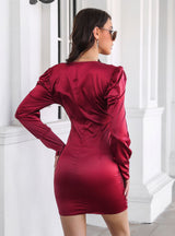 Satin Kinked Bubble Sleeve Pleated Dress