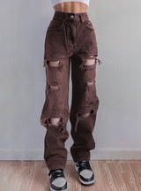 Straight Holes High Waist Jeans