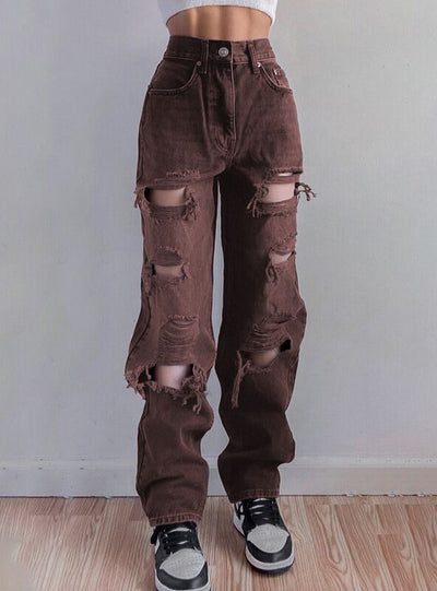 Straight Holes High Waist Jeans