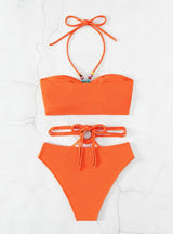 Halter Solid Color Metal Ring High Waist Split Swimsuit