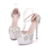 White Rhinestone Waterproof Platform Wedding Shoes