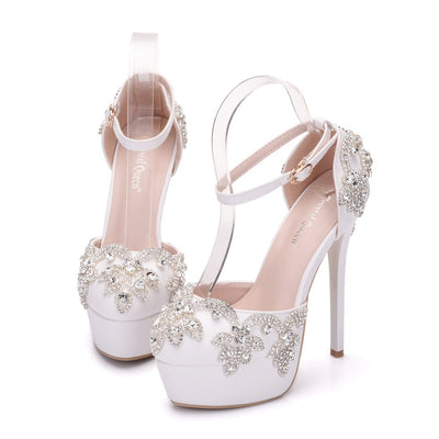 White Rhinestone Waterproof Platform Wedding Shoes
