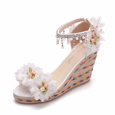 Flower Beaded Fishmouth Wedge Sandals