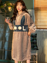 Brown Rabbit Long Sleeve Hooded Korean Flannel Bathrobe