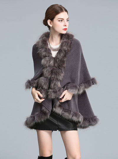 Fox-like Fur Collar Shawl Cape Knitted Cardigan