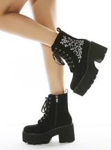 Embroidered Side Zipper Thick-soled Martin Boots