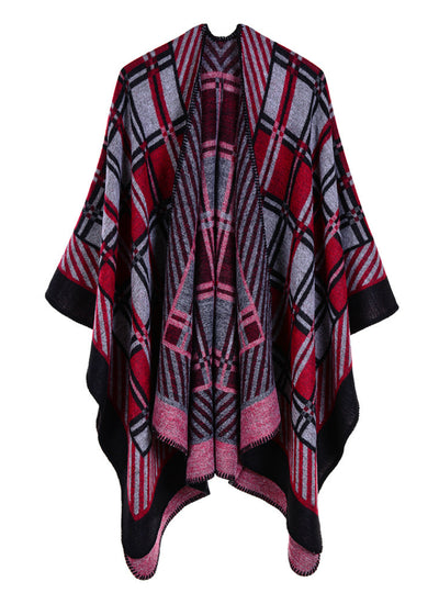 Diagonal Small Plaid Cashmere Like Retro Split Shawl