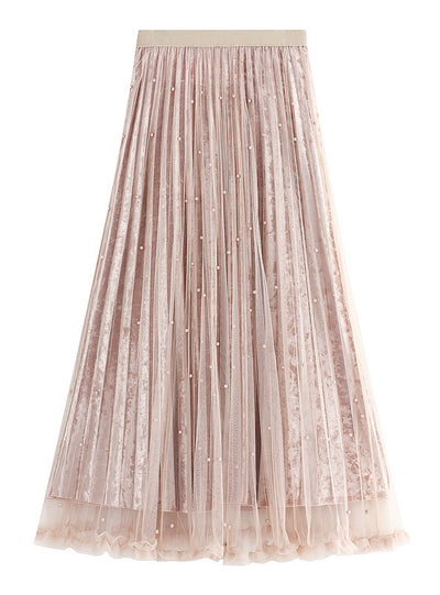 Pearl Thickened Velvet Pleated Gauze Skirt