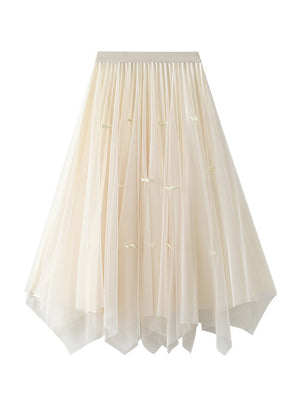High Waist Pleated Irregular Gauze Skirt