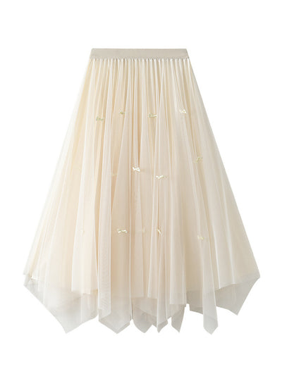 High Waist Pleated Irregular Gauze Skirt