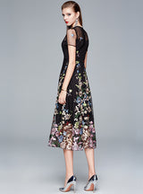 Round Neck Mesh Embroidered Flower Dress