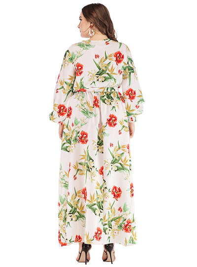 V-neck Printed Lace-up Bubble Sleeve Big Swing Dress