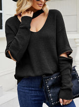 Zipper Sleeve Solid Color V-neck Sweater