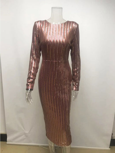 V-neck Striped Sequined Long-sleeved Dress