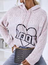 Letter Hooded Pullover Drawstring Sweater