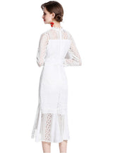 White Lace Openwork Stand Collar Dress