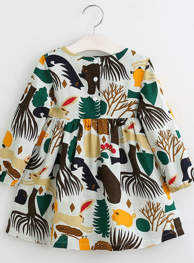 Long Sleeve Cartoon Forest Animals Graffiti Dresses