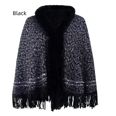 Leopard Print Fur Collar Tassel Warm Scarf Shawl