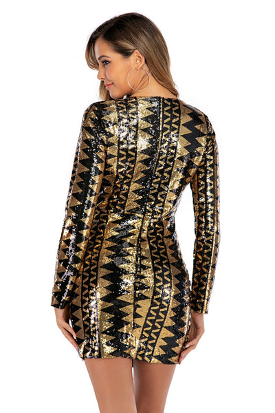 Deep V-neck Long Sleeve Split Sequined Dress