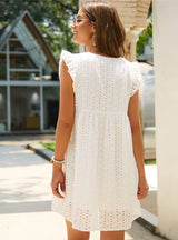Solid Hollow Out V Neck Butterfly Sleeve Hollow Lace Dress