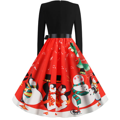 Christmas Penguin Print Long Sleeve Dress