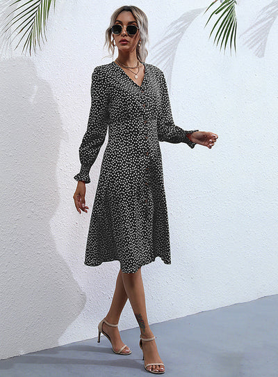 Wave Point V-neck Black Long Sleeve Dress