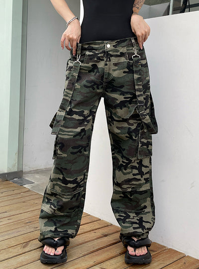Contrast Camouflage Pants Pocket Retro Bib Pants