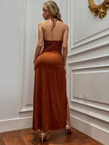 Round Neck Solid Color Slim Split Dress