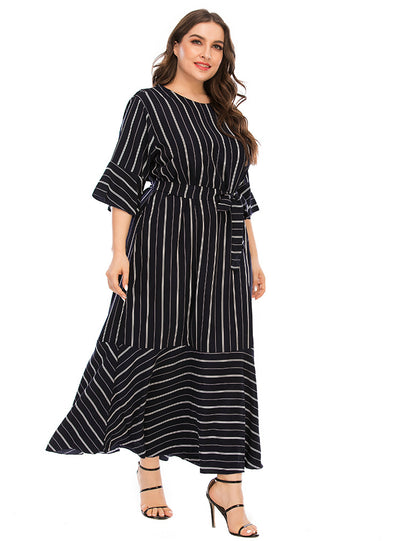 Trumpet Collar Sleeve Striped Printed Stitching Dress
