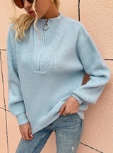 V-neck Zipper Lantern Sleeve Sweater