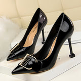 Patent Leather Pointed Metal Belt Buckle Shoes