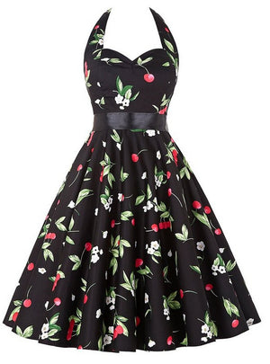 Black Cherry Print Halter Dress