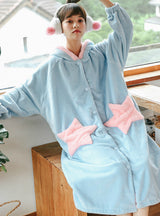 Pink Star Winter Women Long Sleeve Velvet Sleepwear