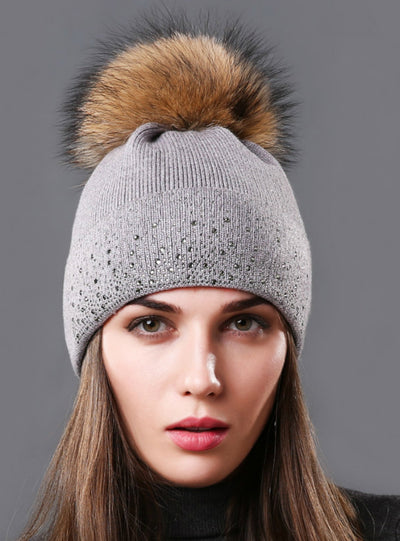 Raccoon Fur Beanie Female Warm Pompom Cap