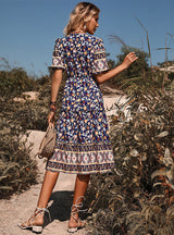 Blue Short Sleeve Printed V-neck Dress