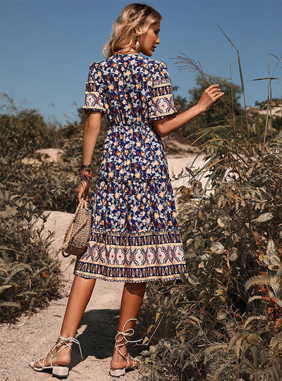 Blue Short Sleeve Printed V-neck Dress