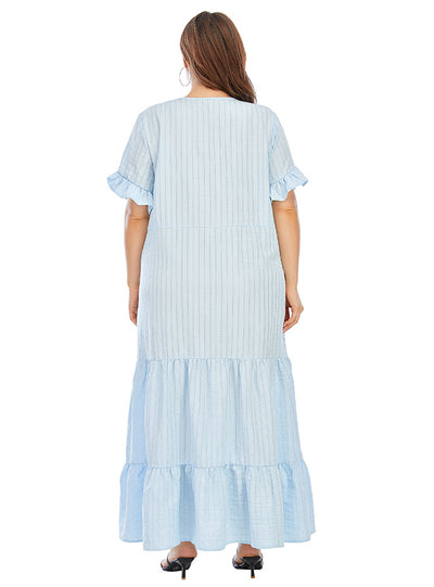 Round Neck Sleeve Hollow Blue Swing Dress