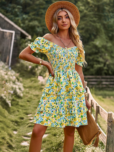 Off the Shoulder Cake Printed Dress