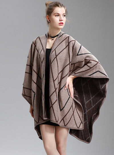 Long Knitted Cardigan Split Napped Jacquard Shawl