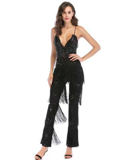 Sliced Trousers Tassels Sequins Jumpersuit