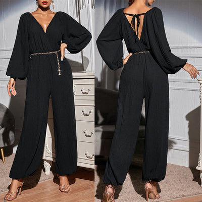 Sexy V-neck Backless Long-sleeved Jumpsuit