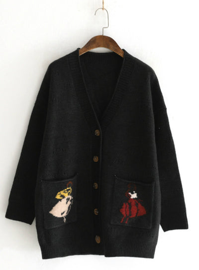 Women V Neck Cardigan Hollow Pocket Girl's Coat