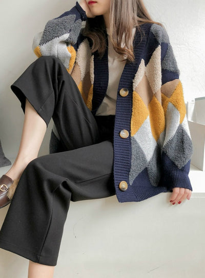 Plaid V-Neck Cardigans Single Breasted Puff Sleeve Loose