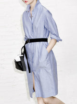 Blue Knee-length Dress Stand Collar Long Sleeve