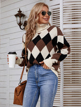 Collar Plaid Color Matching Knitted Loose Sweater