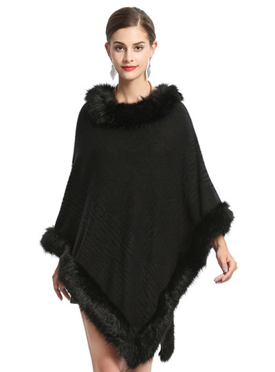 Fox Like Fur Collar Round Pullover Sweater Cape Shawl