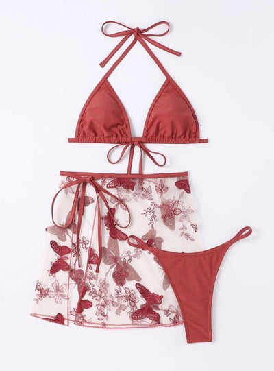Three-piece Butterfly Printed Mesh Bikini