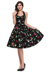 Black Cherry Print Halter Dress